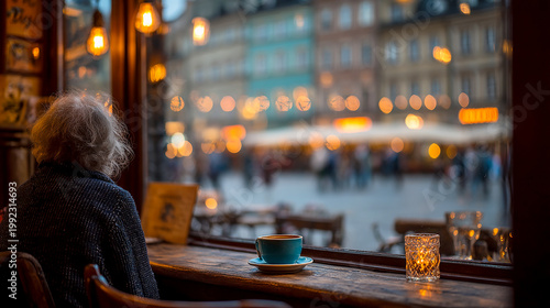 traveler sitting in quiet café with window view of nearly empty city square, warm indoor light contrasting cool outdoor tones, minimal crowd