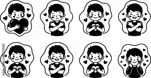 Black and white line art boy hugging heart with love and care emotions