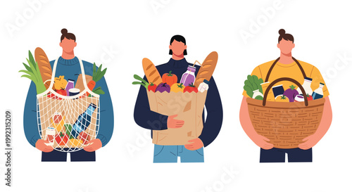 Three diverse people hold different eco-friendly reusable shopping bags filled with fresh groceries and organic produce.