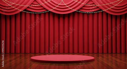 Red stage with podium and curtains