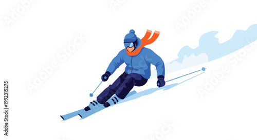 Skillful skier in blue winter gear and an orange scarf glides rapidly down a snowy mountain slope during winter.