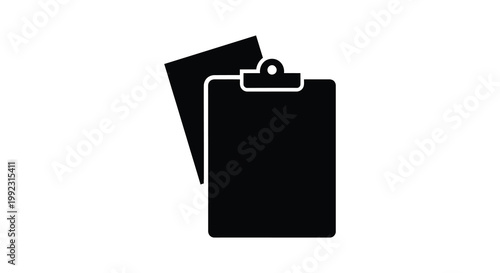 A stark black silhouette depicts a clipboard with attached papers representing organization and documentation silhouette high quality professional detailed