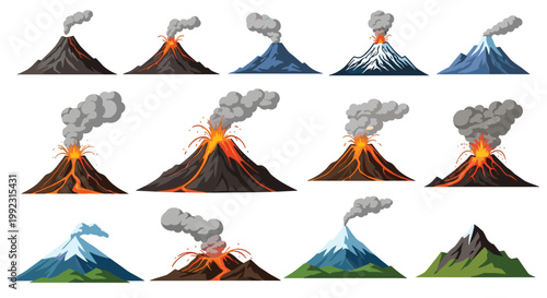 Comprehensive set of volcanic eruption stages showing mountains with smoke clouds, flowing hot lava, and dormant snow-covered peaks.