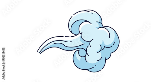 Stylized white smoke puff or steam cloud effect moving horizontally against a plain white background in a comic book style.