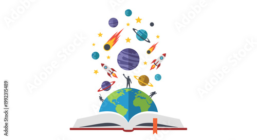 Creative illustration of an open book with space exploration themes including planets and rockets rising from the pages to spark imagination.