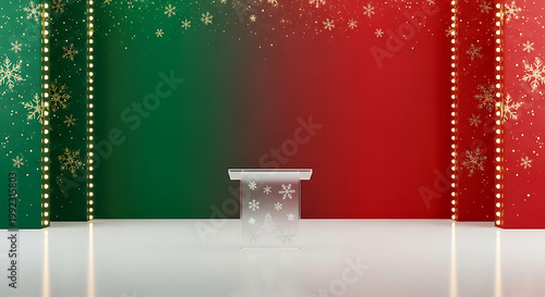 Christmas podium with festive red and green background