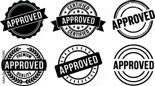 Black and white approved certification stamps with ribbons and circular borders vector art