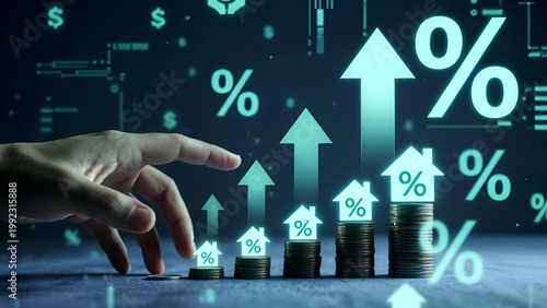 Businessman hand putting coin on stack with virtual house and percentage icon. Conceptual for rising real estate interest rates, mortgage loan calculation, property tax, and financial investment.