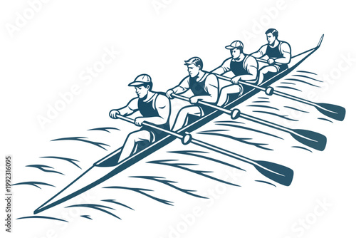 Rowing Crew Teamwork Line Art Paddles in Motion Water Sport Vector Illustration