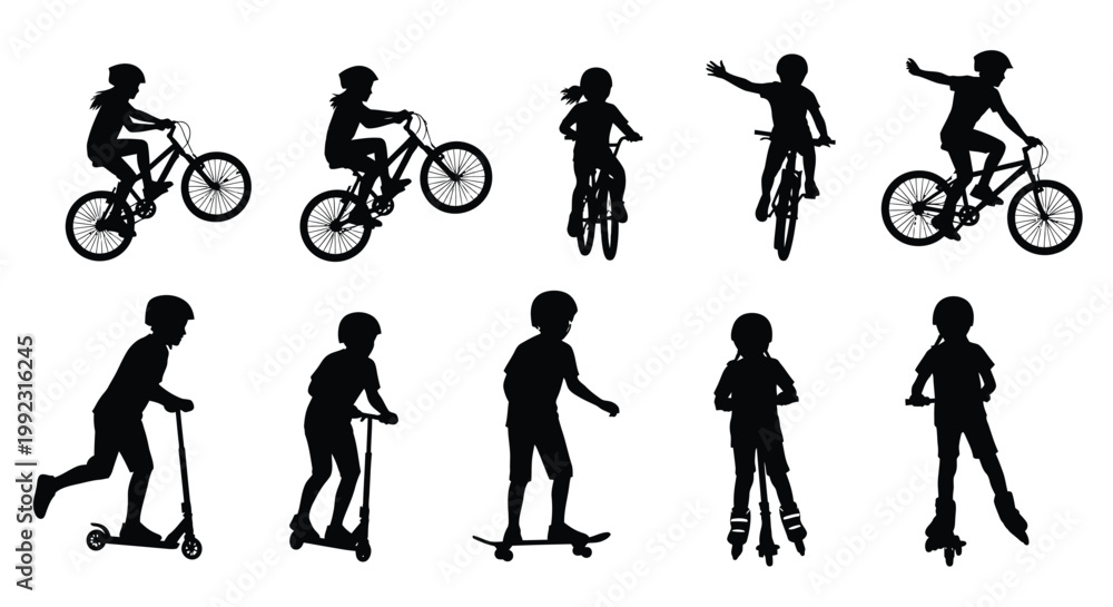 Fototapeta premium Collection of children silhouetted while riding bicycles scooters skateboards and roller skates