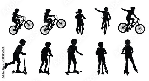 Collection of children silhouetted while riding bicycles scooters skateboards and roller skates
