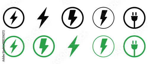 Charging icon set featuring energy symbols lightning bolts power cord electricity vectors and charging indicators, modern minimalist line art for mobile devices battery systems