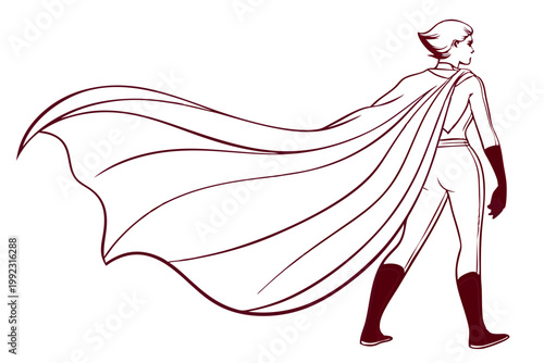 female superhero with flowing cloak standing back view line drawing illustration