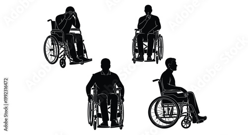 Multiple black silhouettes of different men sitting in various wheelchairs representing diverse daily life struggle and activity