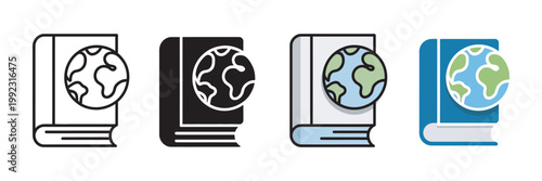 World geography book globe icon set, global education atlas encyclopedia international study symbols, modern clean vector illustration