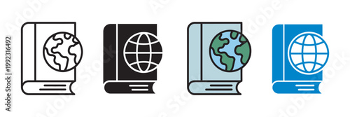 World geography book globe icon set, global education atlas encyclopedia international study symbols, modern clean vector illustration