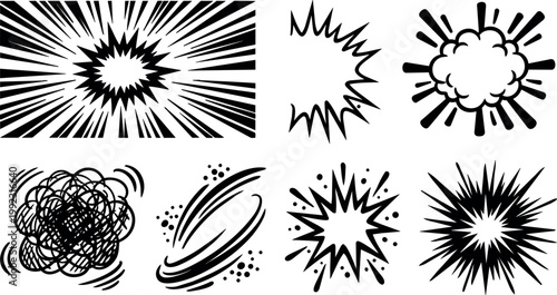 Black and white comic explosion bursts vector art set with dynamic rays and scribble burst