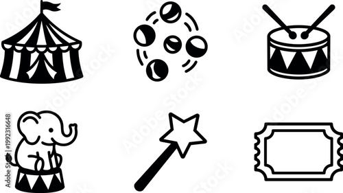Black and white circus icons including tent juggling balls drum elephant star wand and ticket