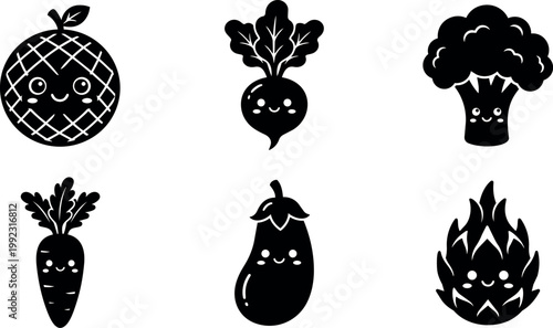 Black and white kawaii happy vegetable faces with pineapple beet broccoli carrot eggplant and artichoke