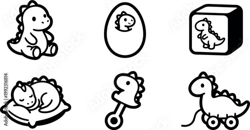Cute black and white dinosaur baby toy icons set sitting egg block rattle and pull cart