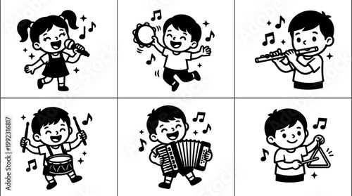 Black and white line art kids playing various musical instruments including microphone tambourine flute drum accordion and triangle