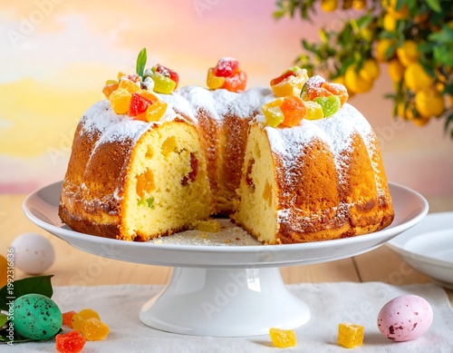 Traditional Golden Easter Bundt Cake With Candied Fruits And Powdered Sugar On White Stand With Colorful Speckled Eggs And Citrus Tree