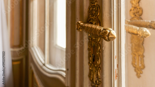 Obraz na plátně Ornate golden door handle on a vintage wooden door with decorative elements