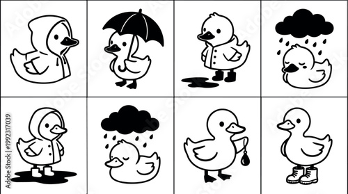 Black and white line art duck characters in raincoat umbrella boots and rain scenes