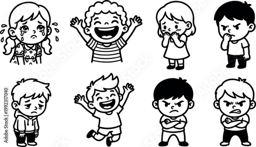 Expressive kids showing happy sad and angry emotions