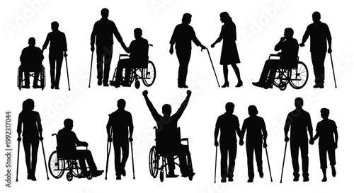 Various silhouettes of people with disabilities using wheelchairs and crutches standing together as a diverse group