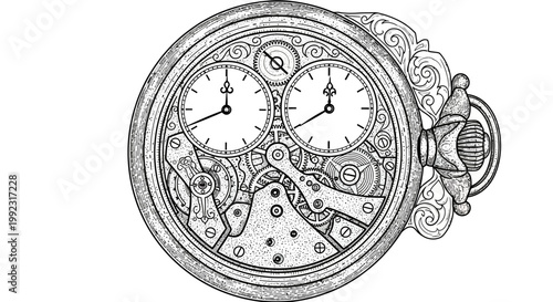 Intricate antique pocket watch mechanism sketch featuring detailed gearwork and ornate engravings in a vintage style illustration isolated on a pure white background
