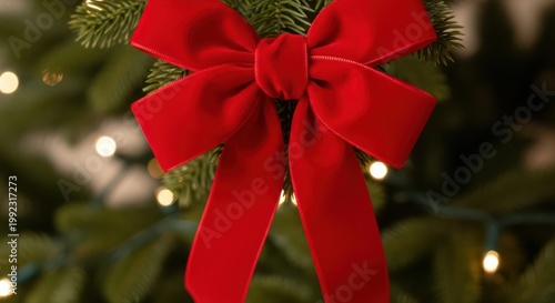 Red bow on Christmas tree.