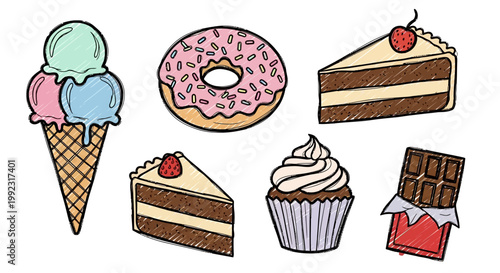 Set of hand drawn sweet desserts featuring ice cream cone donut slice of cake cupcake and chocolate bar isolated on white background for culinary graphic design