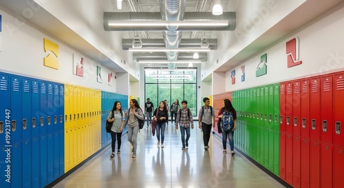 Students walk down colorful school hallway with modern lockers