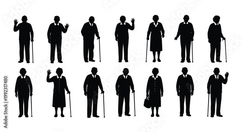 Diverse collection of elderly people silhouettes standing and walking with walking sticks in many different poses