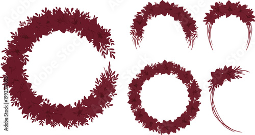 Collection of christmas tinsel wreaths and garlands in burgundy color