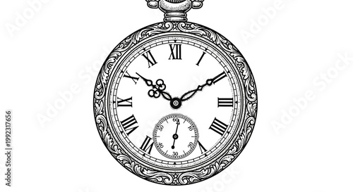 Vintage pocket watch with intricate engraved details and classic roman numerals isolated on a clean white background for elegant timeless concept designs