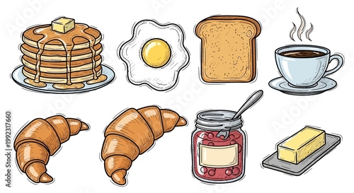 Hand drawn breakfast elements set featuring stacked pancakes with butter fried egg toast hot coffee flaky croissants fruit jam jar and fresh butter slab