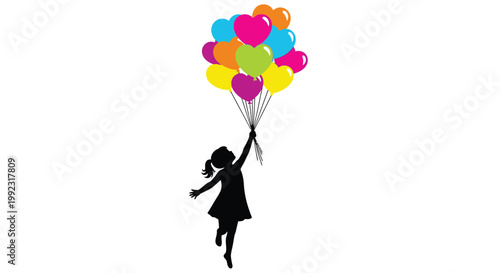 Black silhouette of a happy young girl floating upwards, holding a vibrant bunch of heart-shaped balloons.