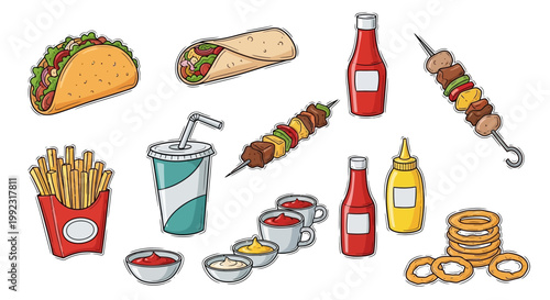 Colorful fast food items arranged on a white background including tacos burritos skewers fries soda and condiments