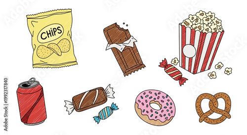 Colorful illustration of assorted junk food and snacks on white background