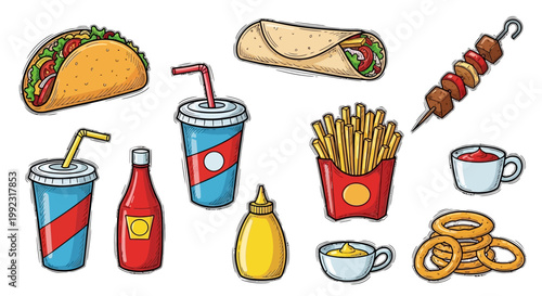Colorful fast food items arranged on white background including tacos burritos fries and drinks