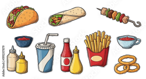 Colorful fast food icons including tacos burrito skewer fries pretzels drinks and condiments on white background