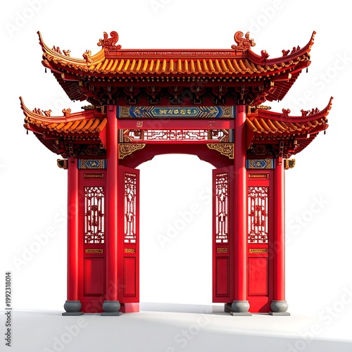 Traditional Red Chinese Gate Ornate Architecture With Golden Carvings And Open Doors Isolated On White Background