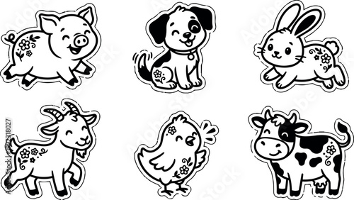 Black and white line art cute pig dog bunny goat chick and cow animals