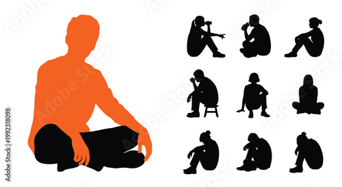 Collection of diverse people sitting in various relaxed and contemplative positions shown as solid black silhouettes