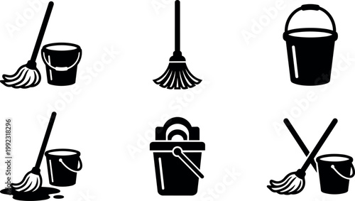 Black and white mop and bucket cleaning tools vector set
