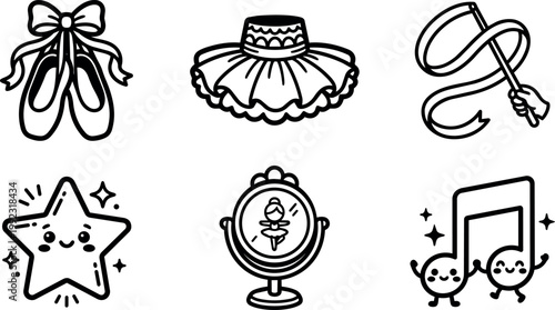 Black and white line art ballet shoes tutu ribbon wand star mirror and musical notes