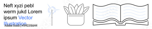 Renewable energy, education tools, environmental awareness, sustainable design, green energy initiatives, nature . Wind turbine, potted plant open book. Renewable energy and education concepts
