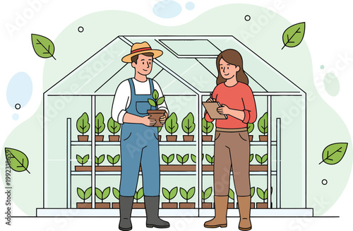 Farmers, greenhouse, gardening, illustration, vector, agriculture, plants, sustainable, farming